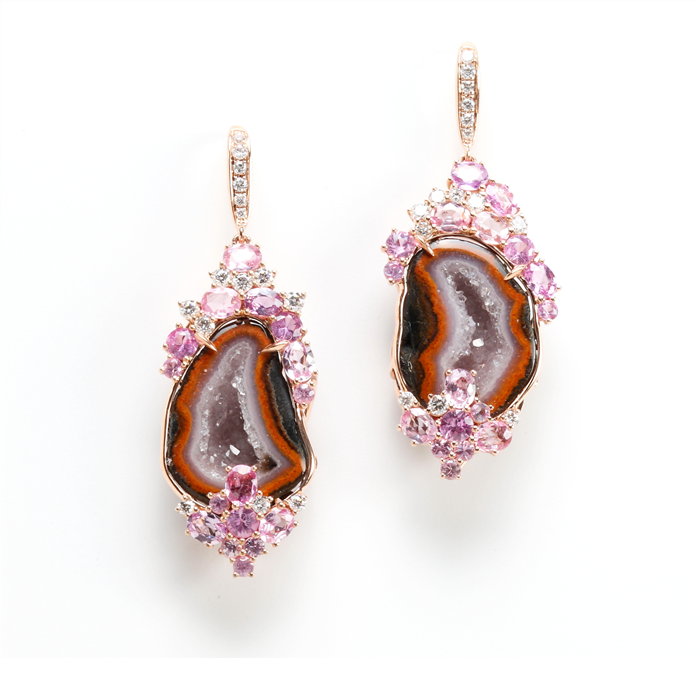 Natural Geode eARRINGS with Pink sapphires and Diamonds